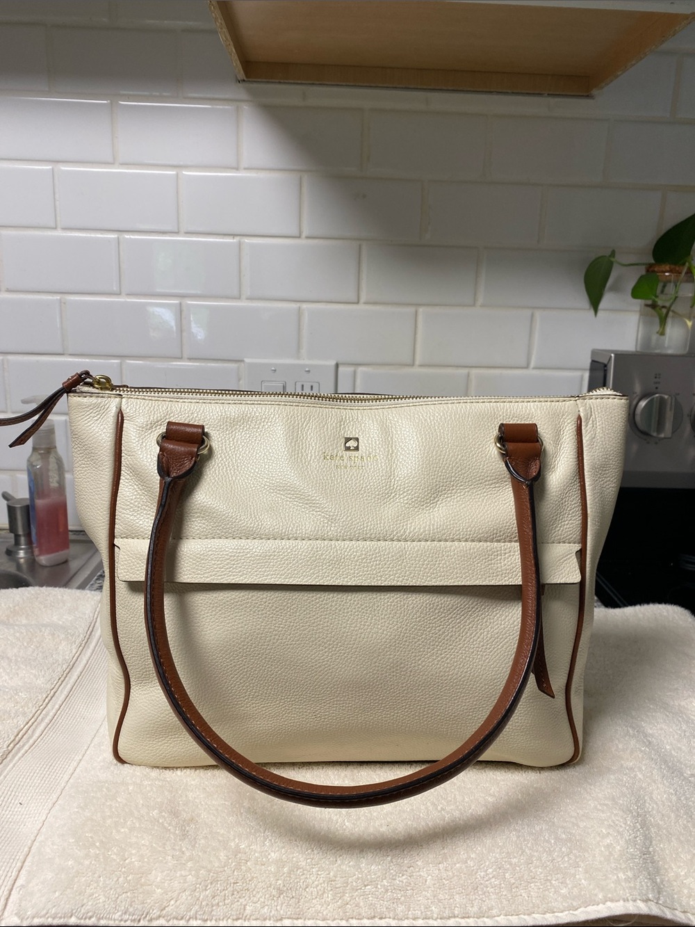 kate spade Cream Leather Tote with Brown Trim and Straps